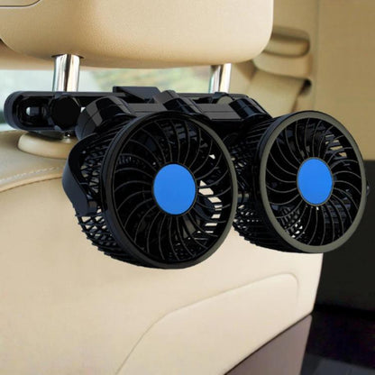 Dual rear-seat car cooling fan with black housings and blue center fan hubs