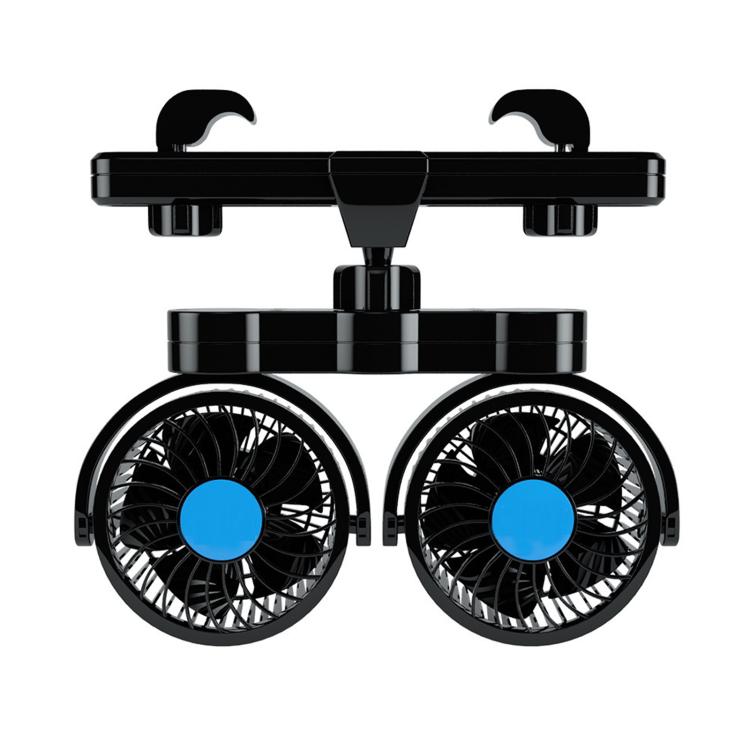 Dual rear-seat car cooling fans with blue center hubs and adjustable top bar mount