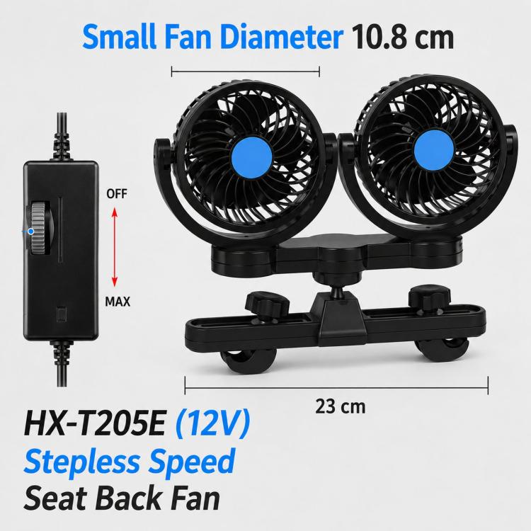Compact dual rear-seat car fans with blue center hubs and swiveling clamp stand
