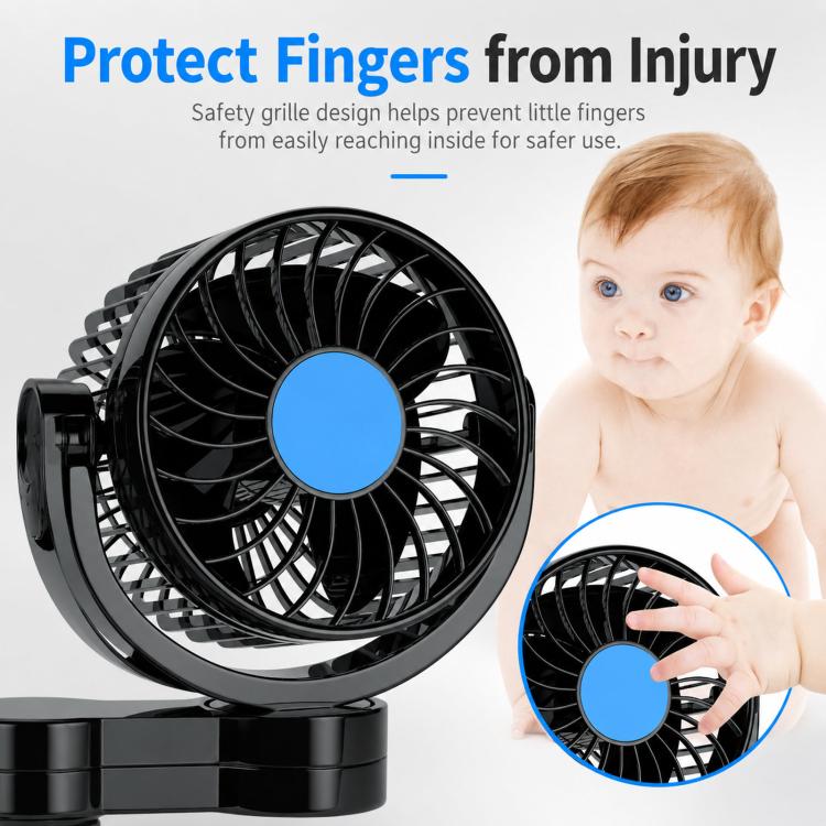 Front grille-covered rear-seat car cooling fan with blue center hub, black housing