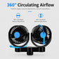 Dual rear-seat car cooling fans on swivel base with blue center hubs