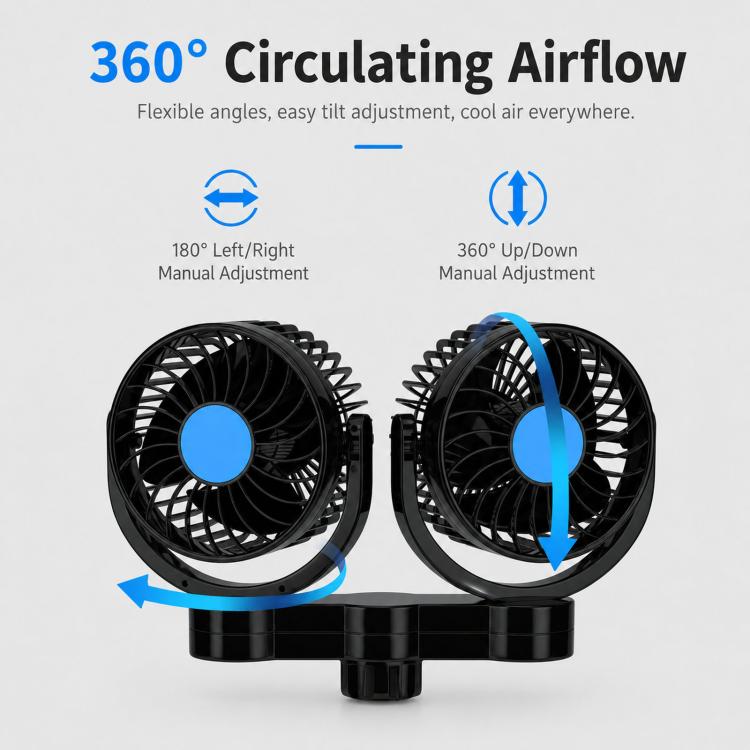 Dual rear-seat car cooling fans on swivel base with blue center hubs
