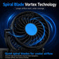 Spiral-blade style car cooling fan with black grille and blue center hub