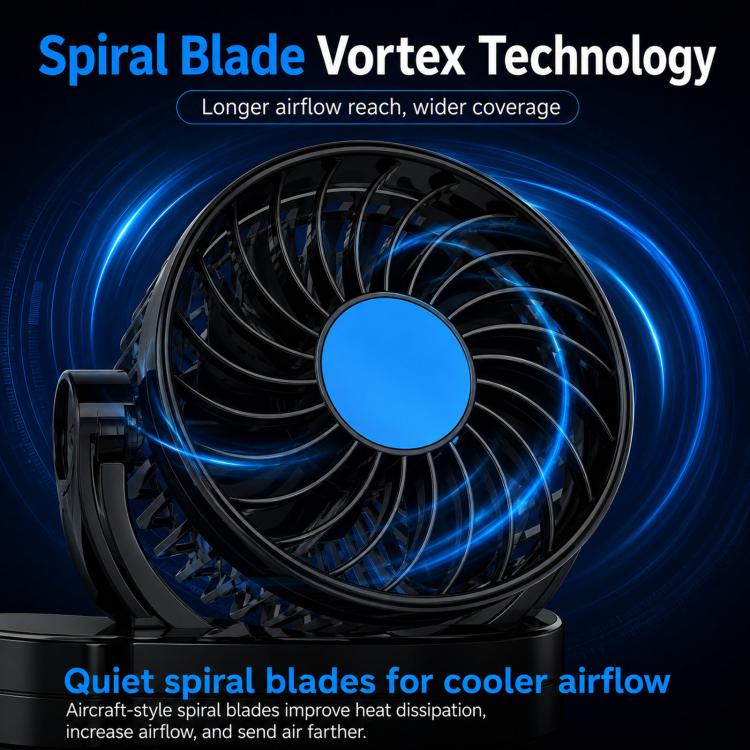 Spiral-blade style car cooling fan with black grille and blue center hub