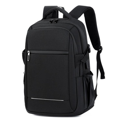 Black laptop backpack with front zip pocket and padded shoulder straps