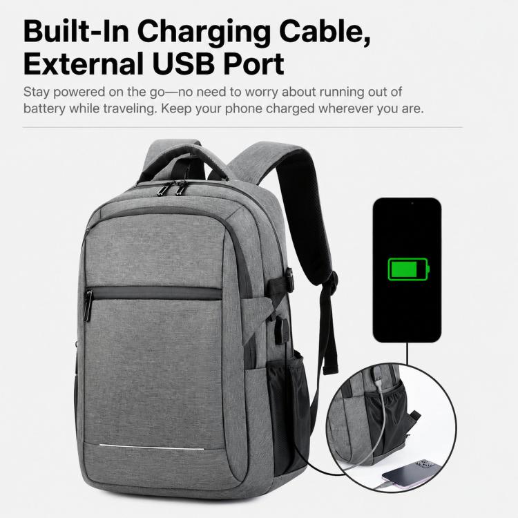 Gray laptop backpack with external USB charging port and built-in cable