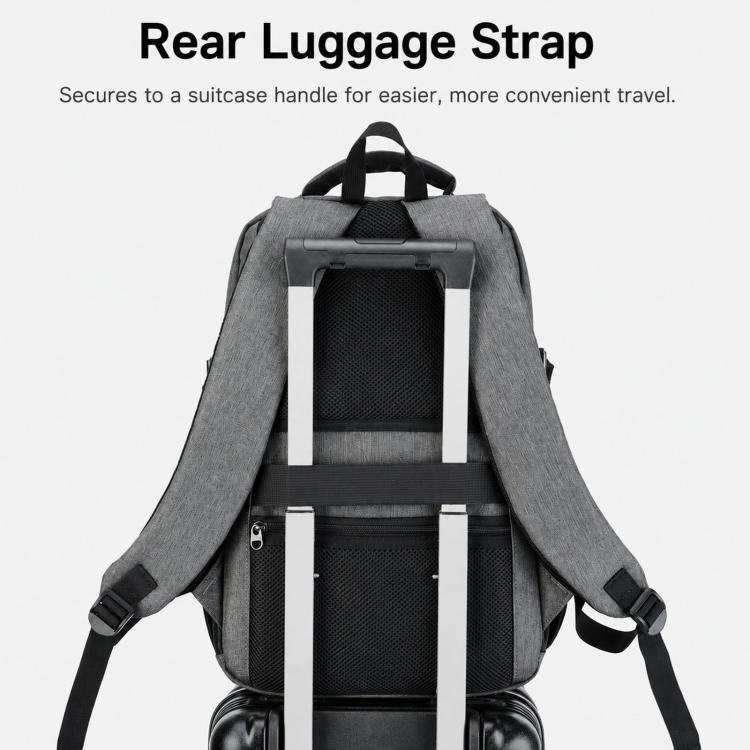 Gray laptop backpack with rear luggage strap for suitcase handle
