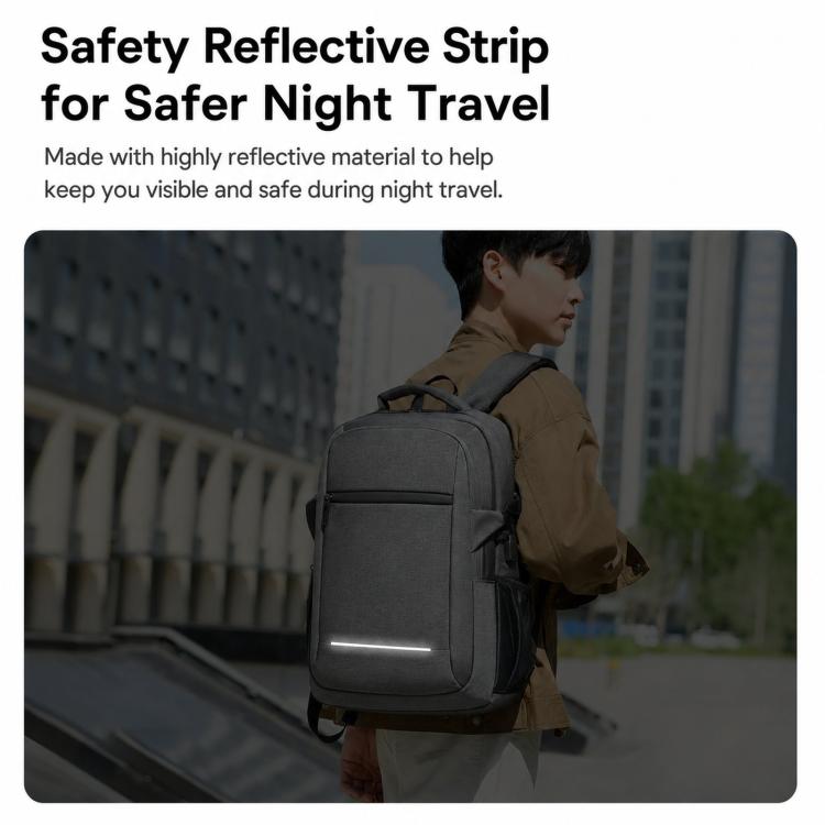 Gray laptop backpack with reflective safety strip on the front panel