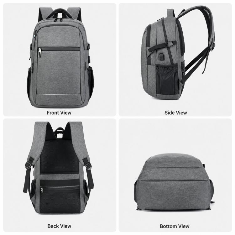 Gray laptop backpack shown in front, side, back, and bottom views