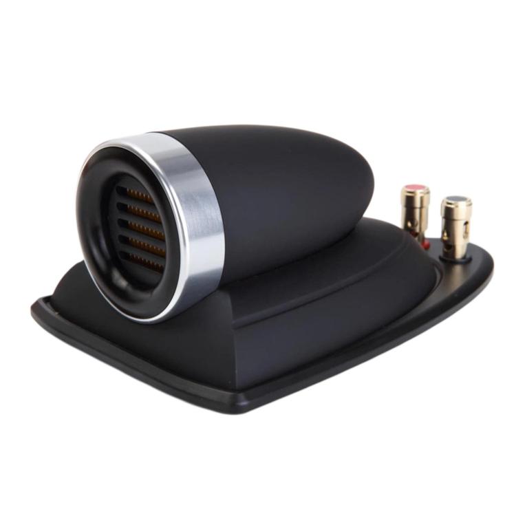 Car tweeter speaker horn with silver metal ring, dark housing and mounting base