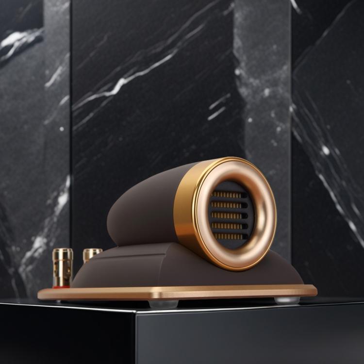 Car tweeter speaker horn with gold metal ring and grille, dark housing on base