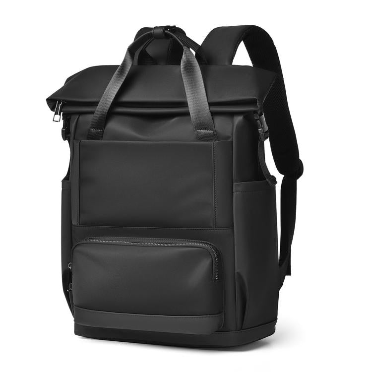 Black laptop backpack with padded front pocket and top carry handle