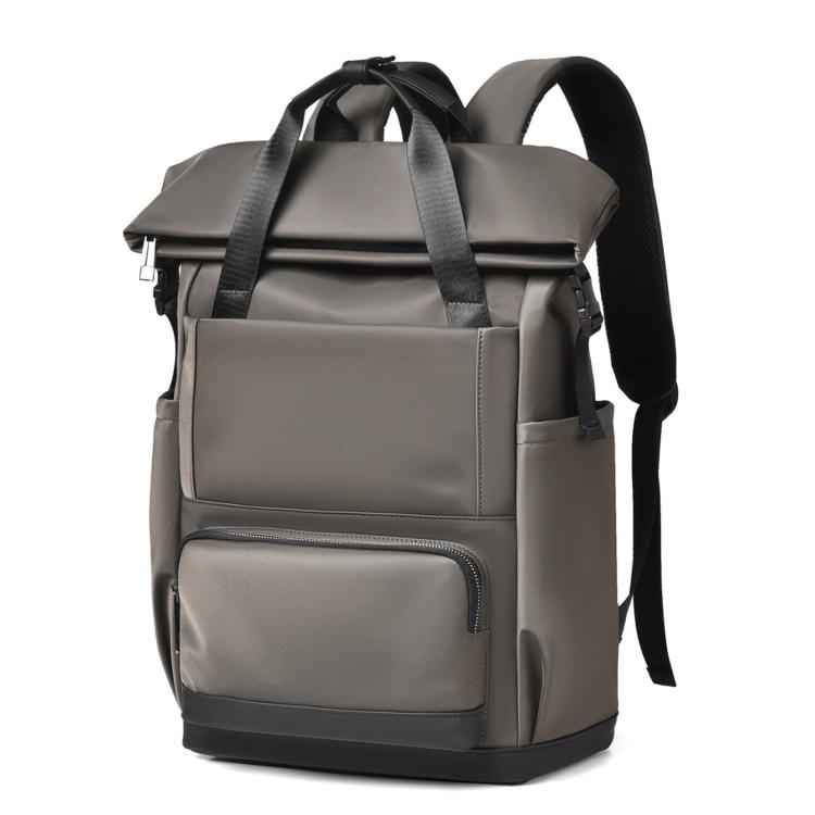 Brown laptop backpack with padded front pocket and adjustable shoulder straps