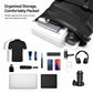 Black laptop backpack with organized compartments for laptop, cards, and accessories