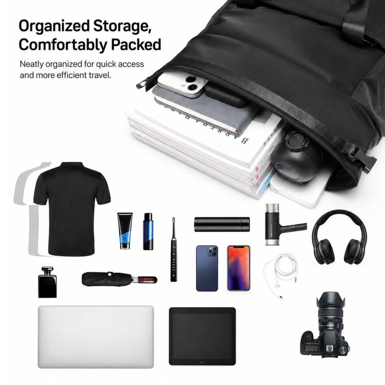 Black laptop backpack with organized compartments for laptop, cards, and accessories