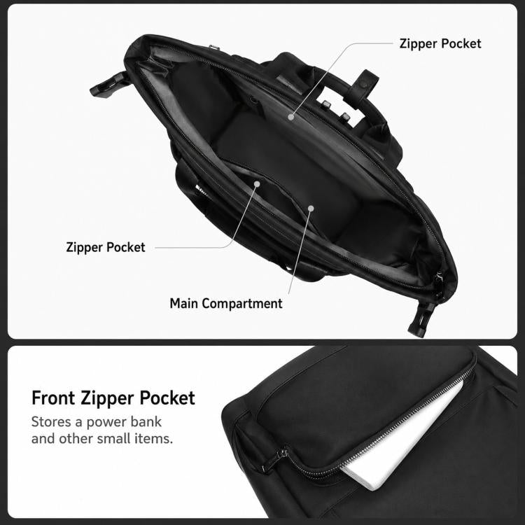 Black laptop backpack with zipper pockets and main storage compartment