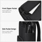 Black laptop backpack with front zipper pocket and side bottle pocket