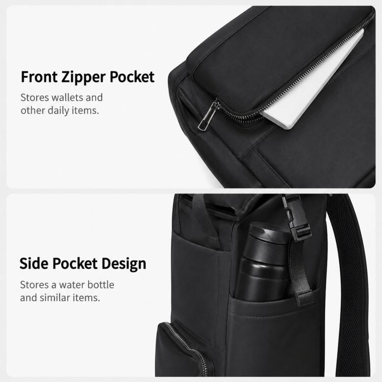 Black laptop backpack with front zipper pocket and side bottle pocket