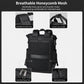 Black laptop backpack with breathable honeycomb mesh back panel and dual zipper pulls