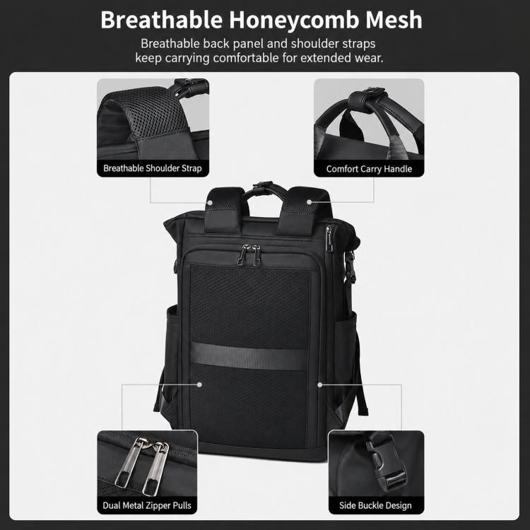 Black laptop backpack with breathable honeycomb mesh back panel and dual zipper pulls