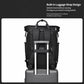 Black laptop backpack with built-in luggage strap on the back