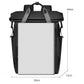 Black laptop backpack with padded front panel and top handle, front zip pocket