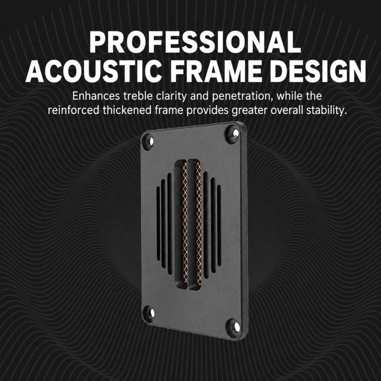 Square black tweeter speaker front view with ribbon coils and side vent slots