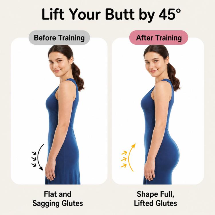 Pelvic floor trainer infographic featuring pink device and before-and-after posture