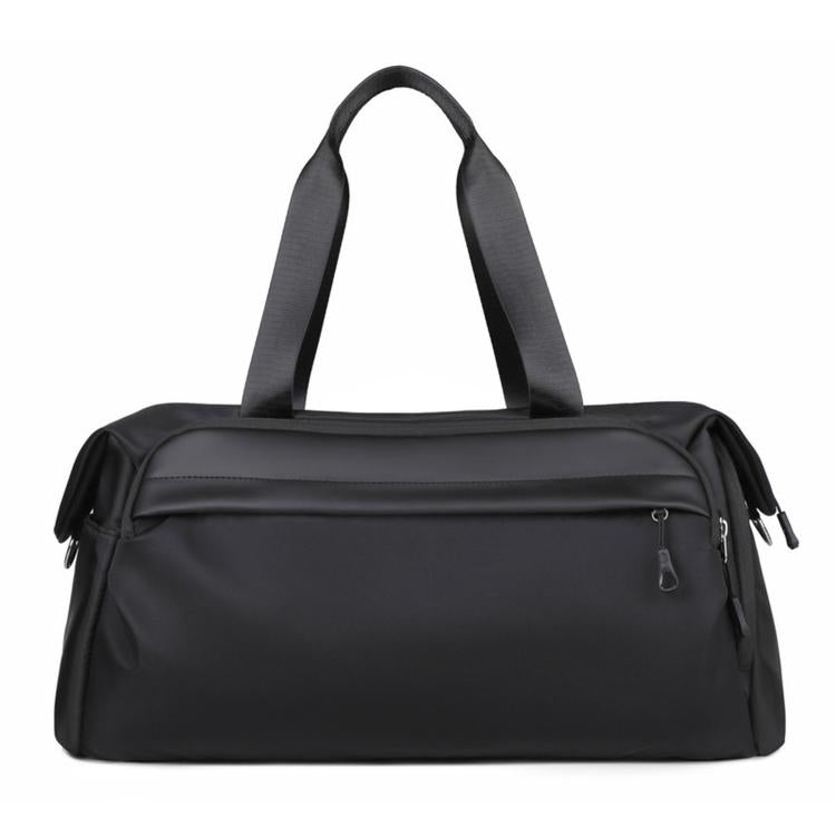 Black water-resistant sports gym bag with top handles and zip front pocket