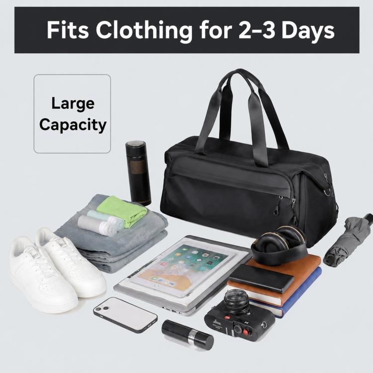 Black sports gym bag with roomy interior and zip compartments for travel