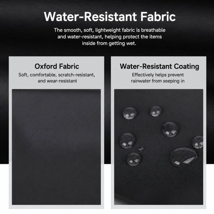 Black water-resistant gym bag fabric with protective coating, shown with droplet graphic