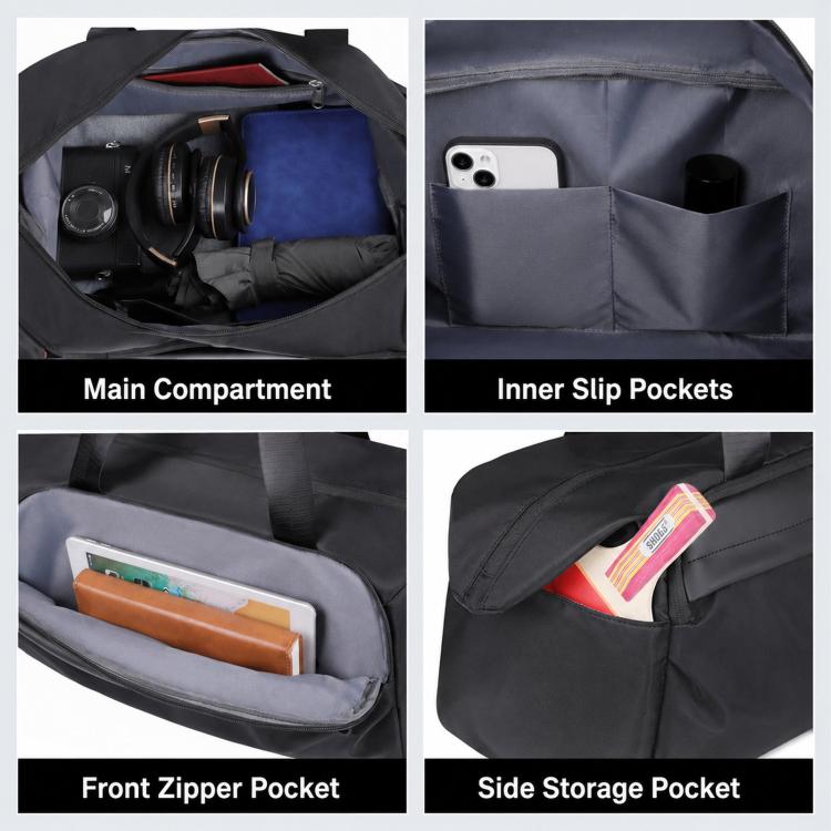 Black sports gym bag with main compartment, inner slip pockets, and front zipper pocket
