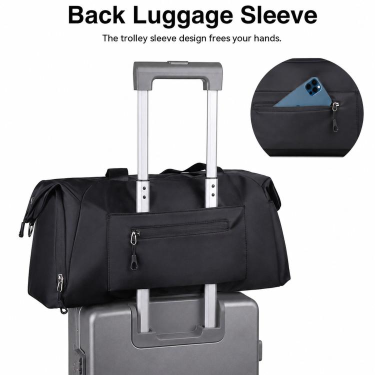 Black sports gym bag with back trolley sleeve for rolling luggage