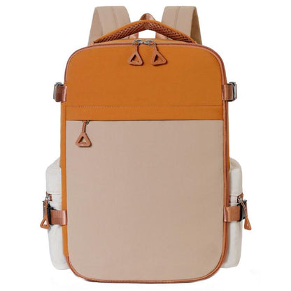 Brown and beige travel backpack with curved top handle and front zip pocket.