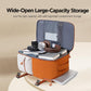 Orange travel backpack opened wide, showing organized interior pockets and laptop sleeve.