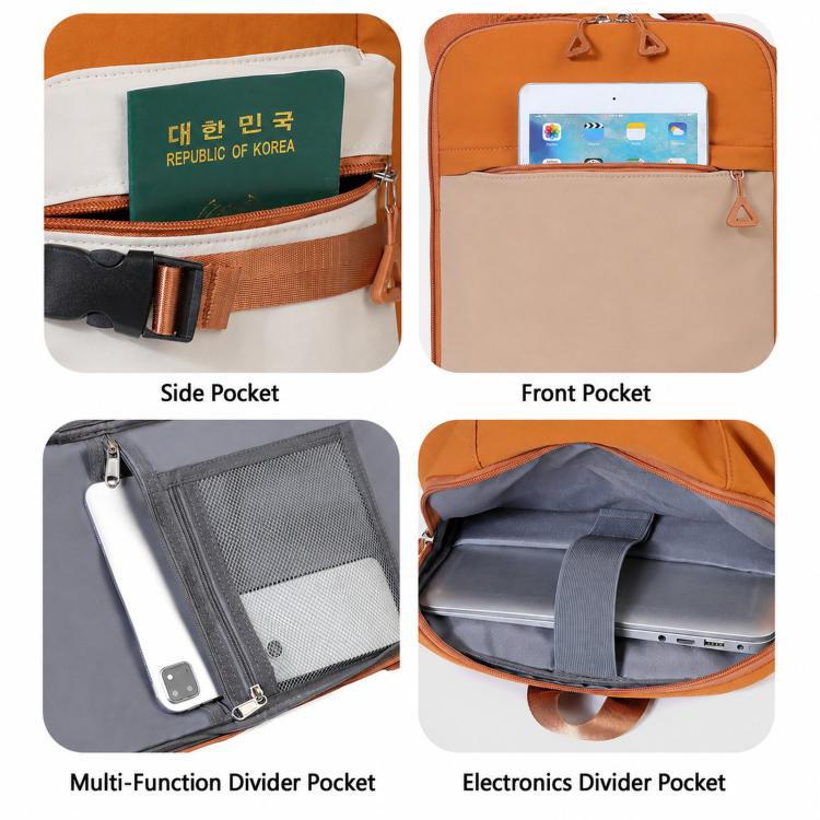 Laptop backpack with side pocket, front pocket, and divider pockets for electronics