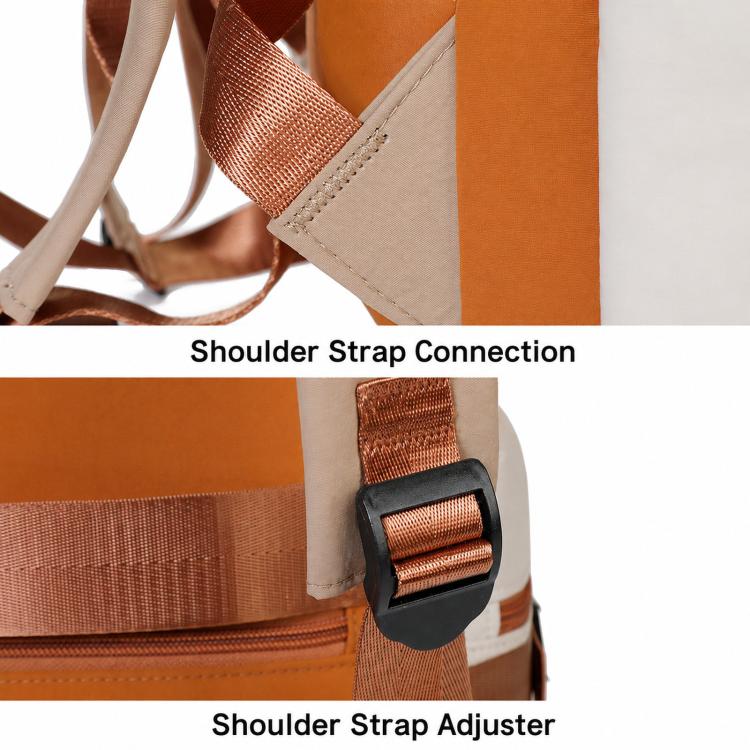Laptop backpack with reinforced shoulder strap connection and adjustable strap buckle