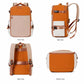 Orange and beige laptop backpack shown from front, side, back, and bottom views