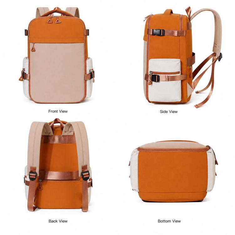 Orange and beige laptop backpack shown from front, side, back, and bottom views
