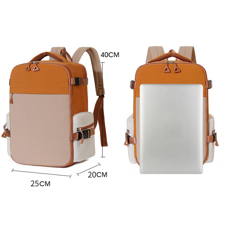 Orange and beige laptop backpack with size dimensions shown on front view