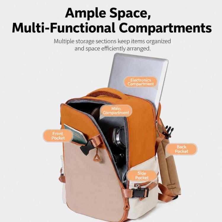 Orange backpack interior with multiple zip compartments and front organizer panel.