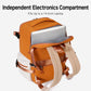 Orange backpack with open electronics compartment and padded laptop sleeve section.