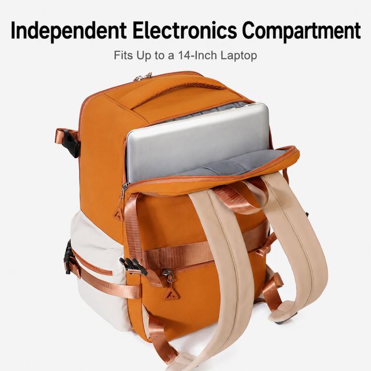 Orange backpack with open electronics compartment and padded laptop sleeve section.
