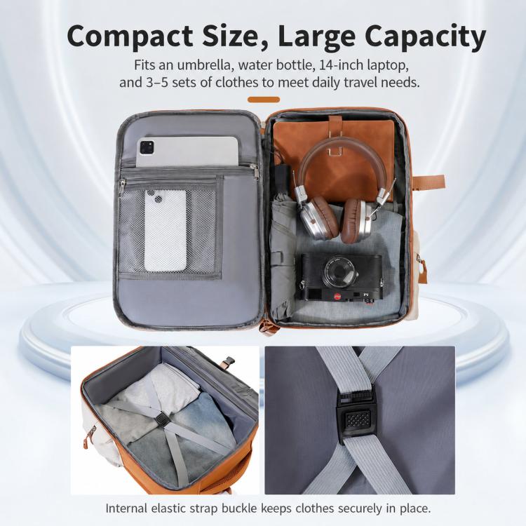 Orange travel backpack open to show elastic strap holder and zipper accessory pockets.