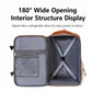 Gray-blue backpack opened 180 degrees, with mesh front pocket and cross-strap interior.