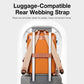 Orange travel backpack with luggage-compatible rear webbing strap for rolling suitcases.