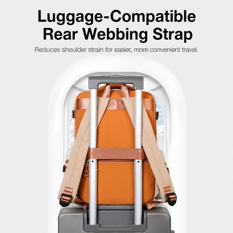 Orange travel backpack with luggage-compatible rear webbing strap for rolling suitcases.