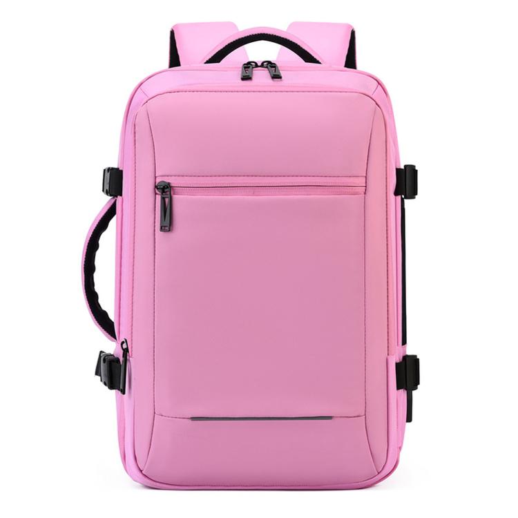 Water-resistant laptop backpack with front zip pocket and side straps, pink.