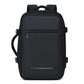 Water-resistant laptop backpack with front zip pocket and side straps, black.