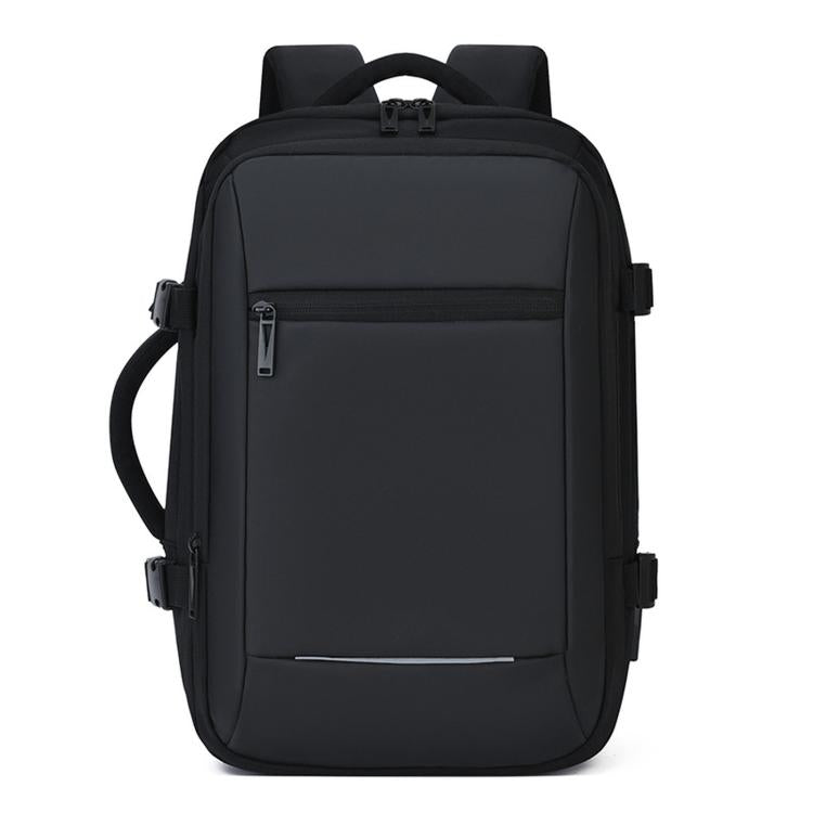 Water-resistant laptop backpack with front zip pocket and side straps, black.